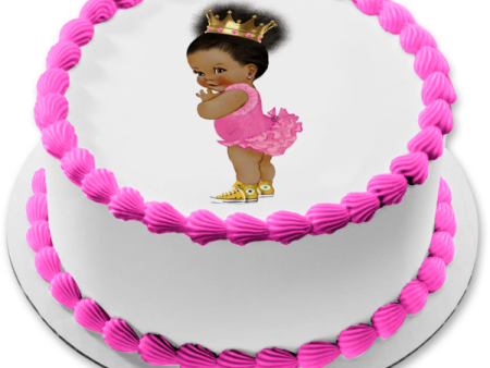 African American Baby Girl Pink Ballerina Outfit Gold Crown Yellow Converse Sneakers Edible Cake Topper Image ABPID22382 Online now