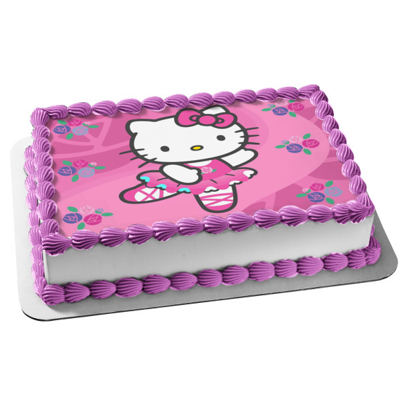 Hello Kitty White Ballerina Outfit Flowers Pink Background Edible Cake Topper Image ABPID27834 For Sale