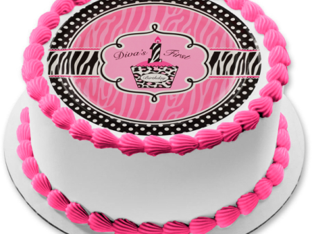 Happy Birthday Diva s First Birthday Pink and Black Zebra Stripes Pink Cupcake Edible Cake Topper Image ABPID27208 Online