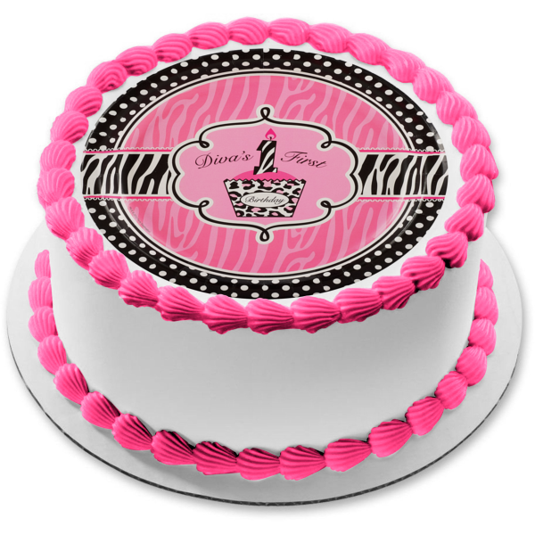 Happy Birthday Diva s First Birthday Pink and Black Zebra Stripes Pink Cupcake Edible Cake Topper Image ABPID27208 Online