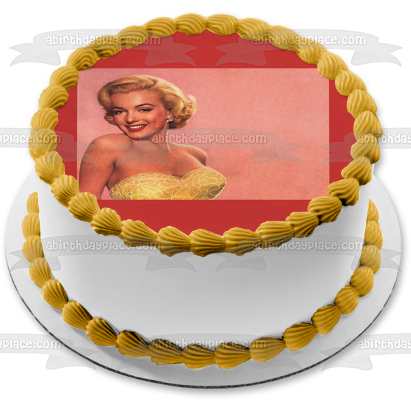 Marilyn Monroe Wearing a Gold Dress with a Pink Background Edible Cake Topper Image ABPID04988 Online now