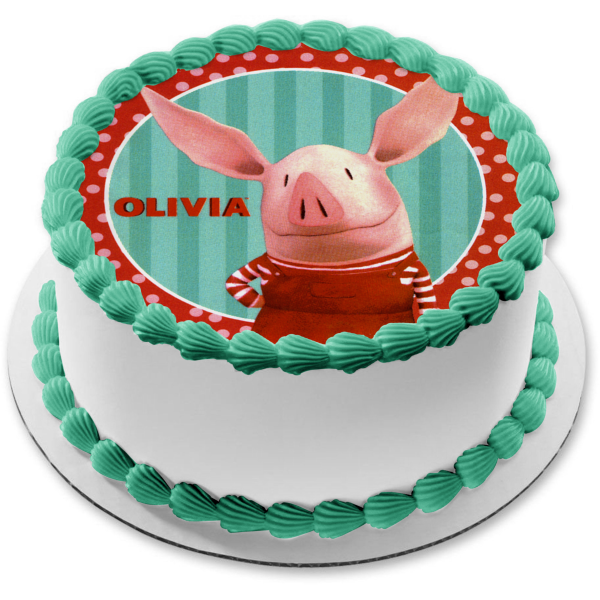 Olivia the Pig Blue Stripes Red Polka Dots Edible Cake Topper Image ABPID04066 Online