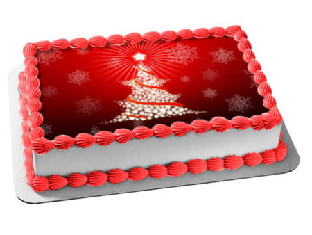 Merry Christmas White Star Tree Snowflakes with a Red Background Edible Cake Topper Image ABPID04765 For Discount