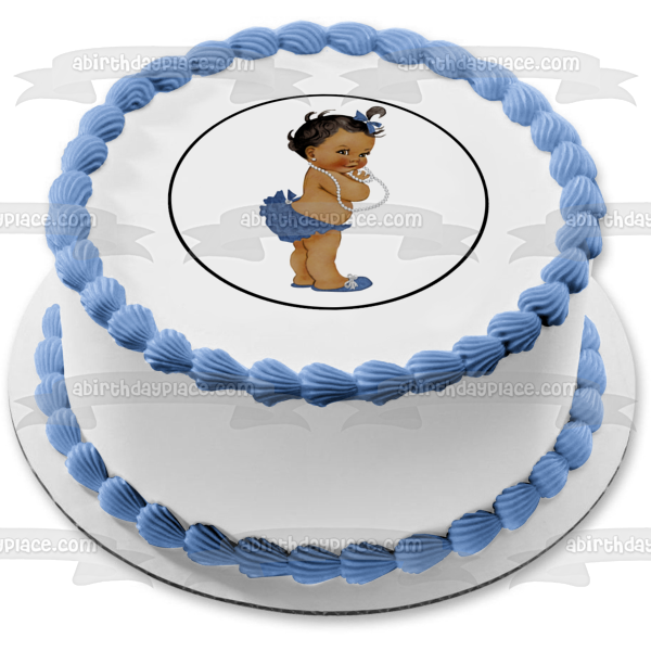 African American Baby Girl Blue Hairbow Bloomers Shoes White Necklace Edible Cake Topper Image ABPID27736 For Cheap