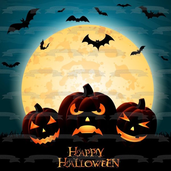 Happy Halloween Scary Pumpkins Bats Moon Edible Cake Topper Image ABPID15521 Hot on Sale