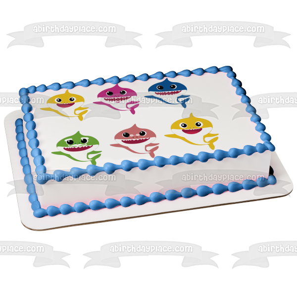 Sharks Cartoon Yellow Blue Green Pink Edible Cake Topper Image ABPID27606 Cheap