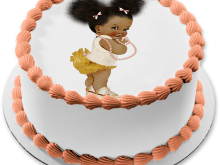 African American Baby Girl Pink Pearl Necklace Pink Gold Edible Cake Topper Image ABPID27734 Discount