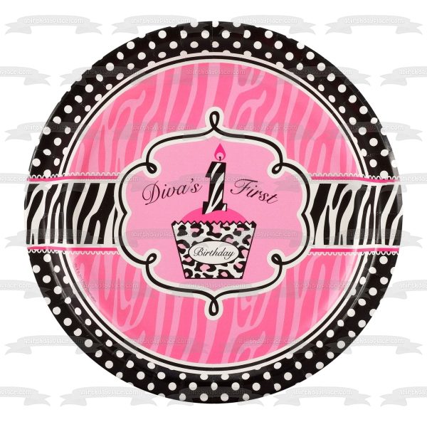 Happy Birthday Diva s First Birthday Pink and Black Zebra Stripes Pink Cupcake Edible Cake Topper Image ABPID27208 Online