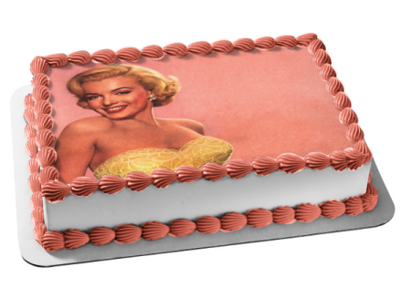 Marilyn Monroe Wearing a Gold Dress with a Pink Background Edible Cake Topper Image ABPID04988 Online now