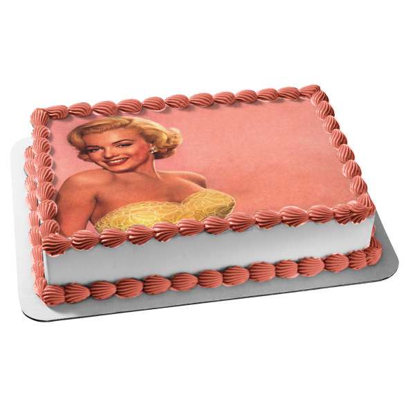 Marilyn Monroe Wearing a Gold Dress with a Pink Background Edible Cake Topper Image ABPID04988 Online now