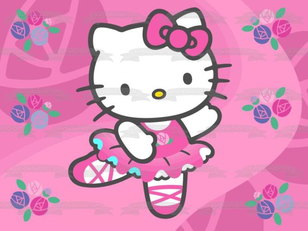 Hello Kitty White Ballerina Outfit Flowers Pink Background Edible Cake Topper Image ABPID27834 For Sale