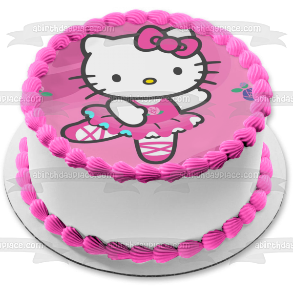 Hello Kitty White Ballerina Outfit Flowers Pink Background Edible Cake Topper Image ABPID27834 For Sale