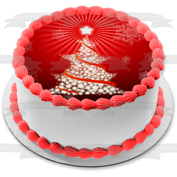 Merry Christmas White Star Tree Snowflakes with a Red Background Edible Cake Topper Image ABPID04765 For Discount