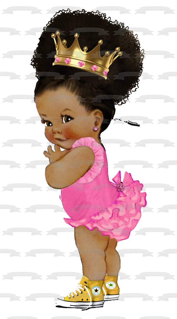 African American Baby Girl Pink Ballerina Outfit Gold Crown Yellow Converse Sneakers Edible Cake Topper Image ABPID22382 Online now