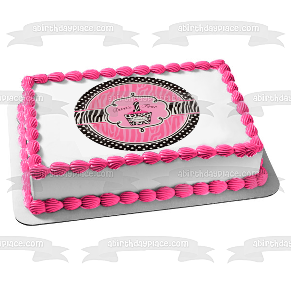 Happy Birthday Diva s First Birthday Pink and Black Zebra Stripes Pink Cupcake Edible Cake Topper Image ABPID27208 Online