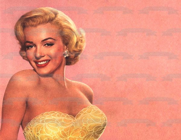 Marilyn Monroe Wearing a Gold Dress with a Pink Background Edible Cake Topper Image ABPID04988 Online now