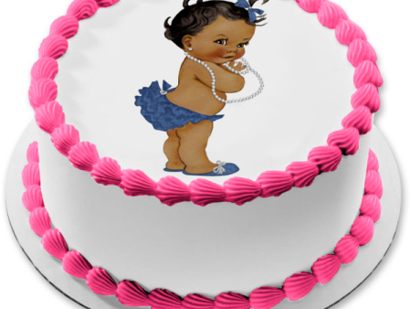 African American Baby Girl Blue Hairbow Bloomers Shoes White Necklace Edible Cake Topper Image ABPID27736 For Cheap